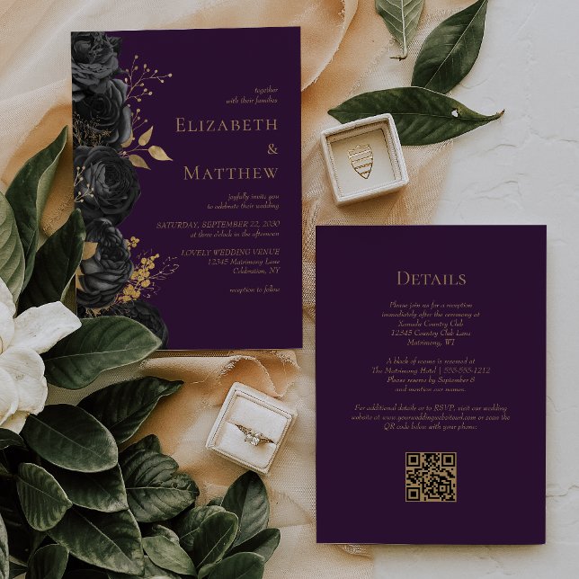 Convite Casamento Código QR Floral Roxo Ouro Preto Românti (Criador carregado)