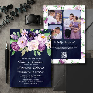 Convite Casamento Código QR Floral Roxo Rústico Azul Marin