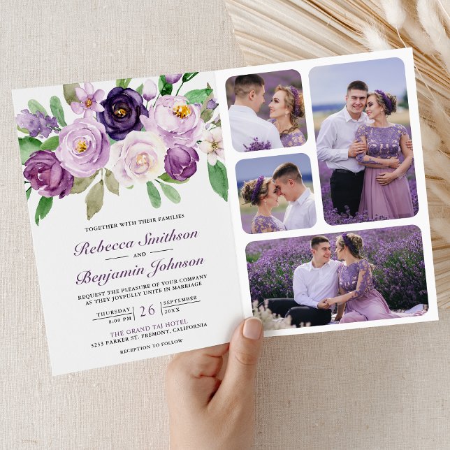 Convite Casamento Código QR Floral Roxo Rústico Tudo em Um (Criador carregado)