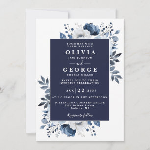 Convite Casamento Código QR Floral Rústico Azul Marinho El
