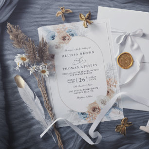 Convite Casamento Código QR Floral Rústico Boho Azul Bege