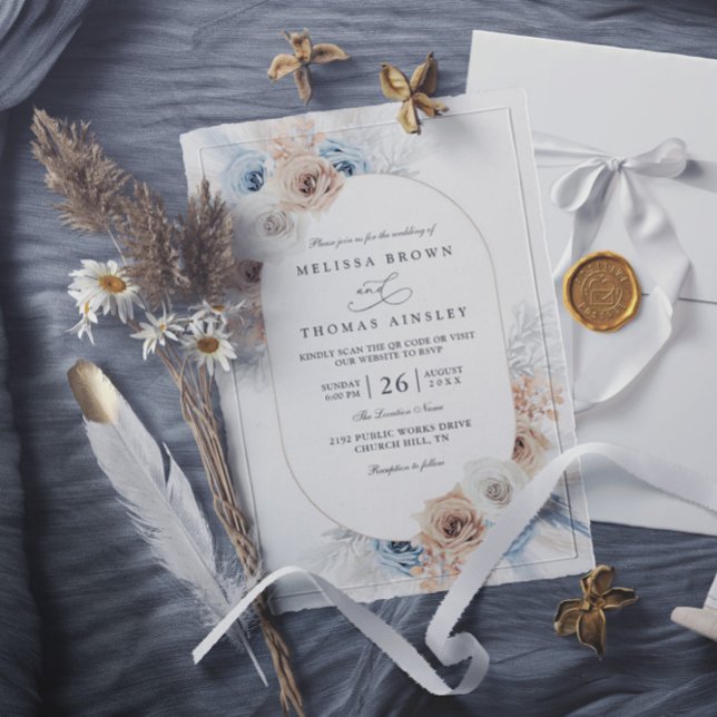 Convite Casamento Código QR Floral Rústico Boho Azul Bege (Criador carregado)