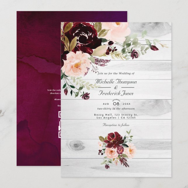 Convite Casamento Código QR Floral Rústico Borgonha e Rosa (Frente/Verso)
