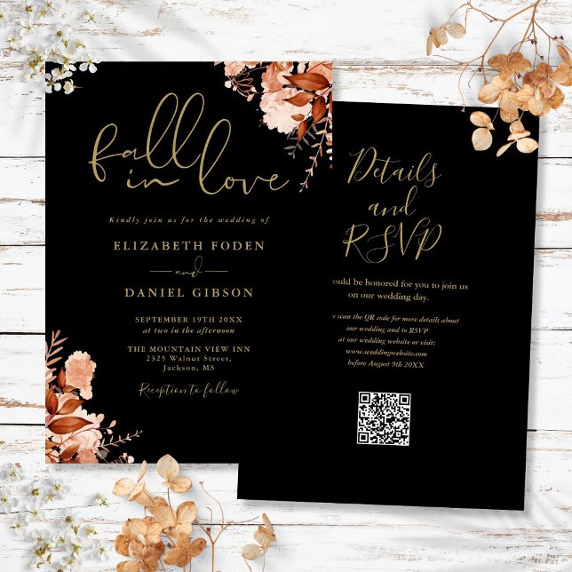Convite Casamento Código QR Floral Rústico Preto e Dourado (Black And Gold Rustic Floral QR Code Wedding Invitation)