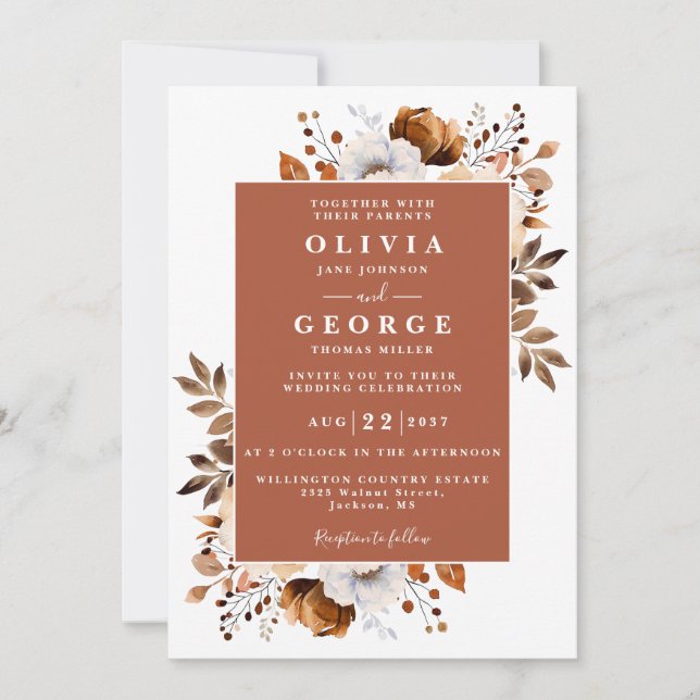 Convite Casamento Código QR Floral Rústico Terracota (Frente)