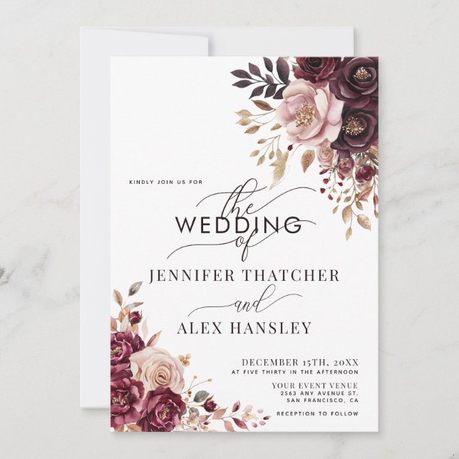 Convite Casamento Código QR Floral Script Bege Borgonha (Frente)