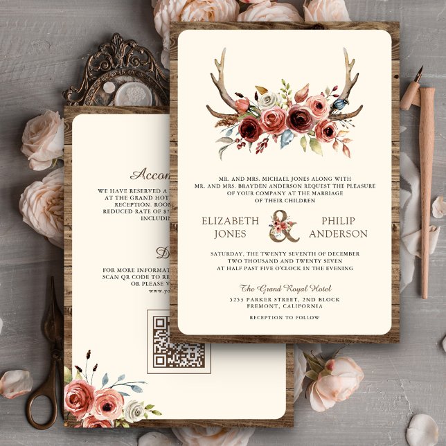 Convite Casamento Código QR Floral Terracota Chifres Boho (Criador carregado)