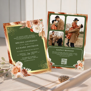 Convite Casamento Código QR Floral Terracota Verde Oliva