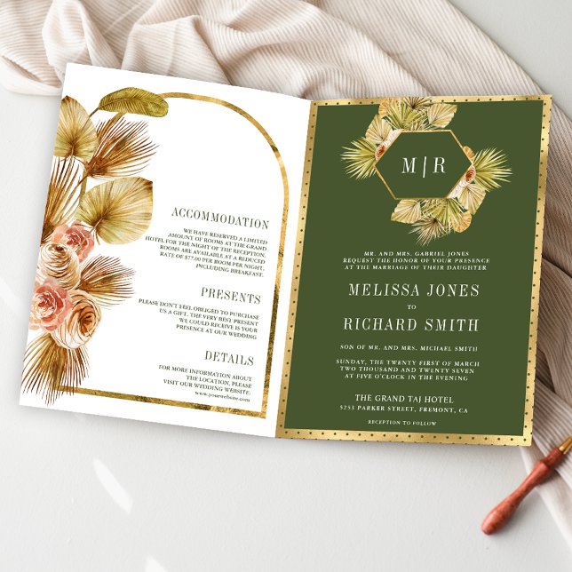 Convite Casamento Código QR Floral Terroso Boho em Verde O (Criador carregado)