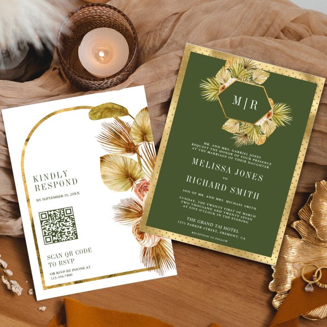 Convite Casamento Código QR Floral Terroso Boho em Verde O (Criador carregado)