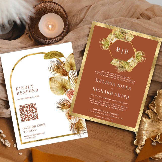 Convite Casamento Código QR Floral Terroso Boho Palma (Criador carregado)