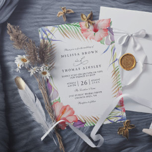 Convite Casamento Código QR Floral Tropical Luau Havaiano