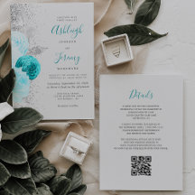 Casamento Código QR Floral Turquesa Cinza Prata