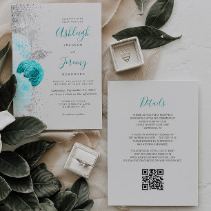 Convite Casamento Código QR Floral Turquesa Cinza Prata