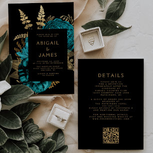 Convite Casamento Código QR Floral Turquesa Dourado Sombri