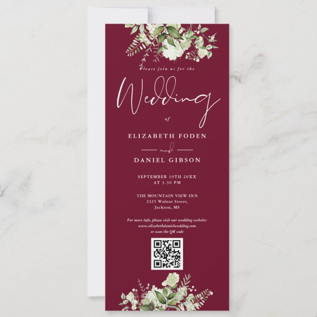 Convite Casamento Código QR Floral Verde Burgundy (Frente)