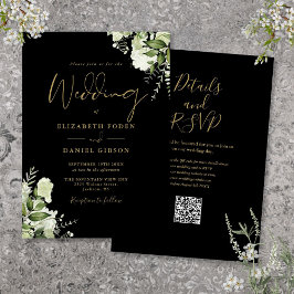 Convite Casamento Código QR Floral Verde Dourado e Preto