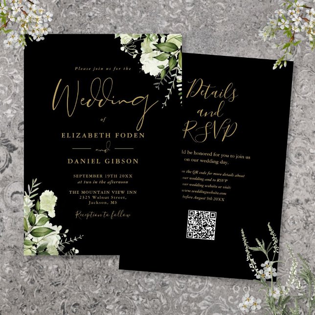 Convite Casamento Código QR Floral Verde Dourado e Preto (Black And Gold Greenery Floral QR Code Wedding Invitation)