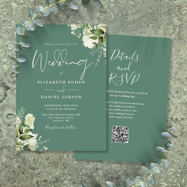 Convite Casamento Código QR Floral Verde Eucalipto (Eucalyptus Green Floral QR Code Wedding Invitation)