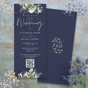 Convite Casamento Código QR Floral Verde-Navy Azul