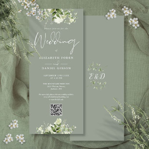 Convite Casamento Código QR Floral Verde Oliva