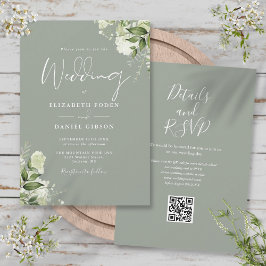 Convite Casamento Código QR Floral Verde Oliva Vegetação
