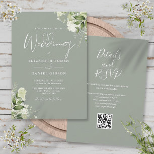 Convite Casamento Código QR Floral Verde Oliva Vegetação