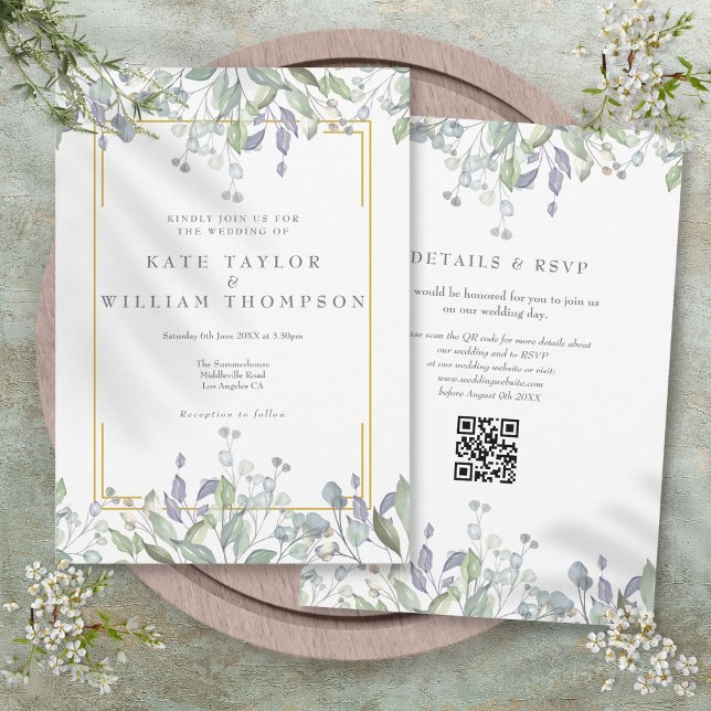 Convite Casamento Código QR Floral Verde Olmo Lilás (Greenery Floral Sage Lilac QR Code Wedding Invitation)