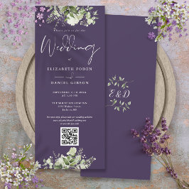 Convite Casamento Código QR Floral Verde Roxo