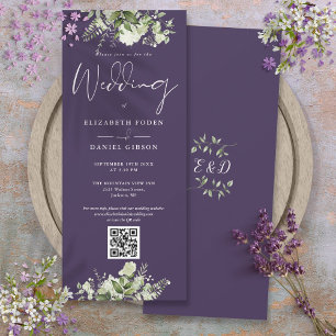Convite Casamento Código QR Floral Verde Roxo