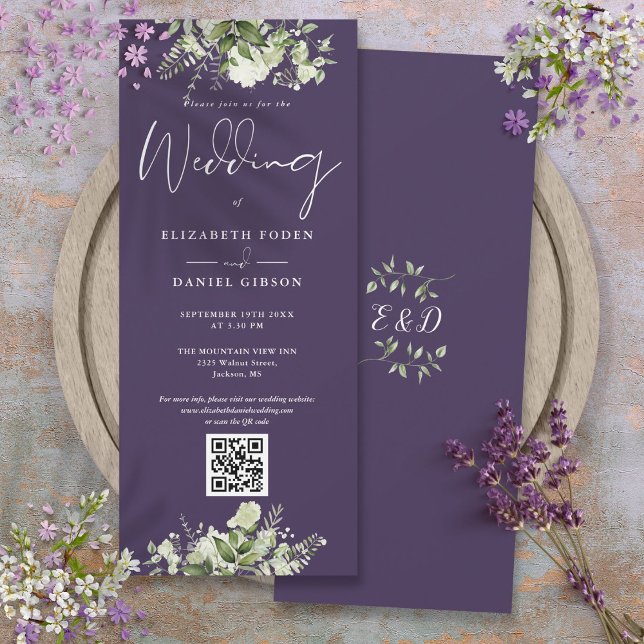 Convite Casamento Código QR Floral Verde Roxo (Greenery Floral Purple QR Code Wedding Invitation)