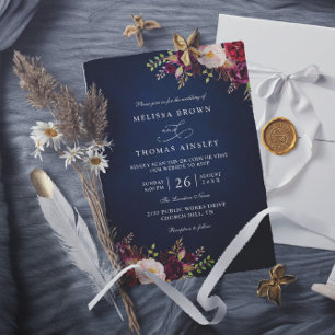 Convite Casamento Código QR Floral Vermelho Burgundy Azul-