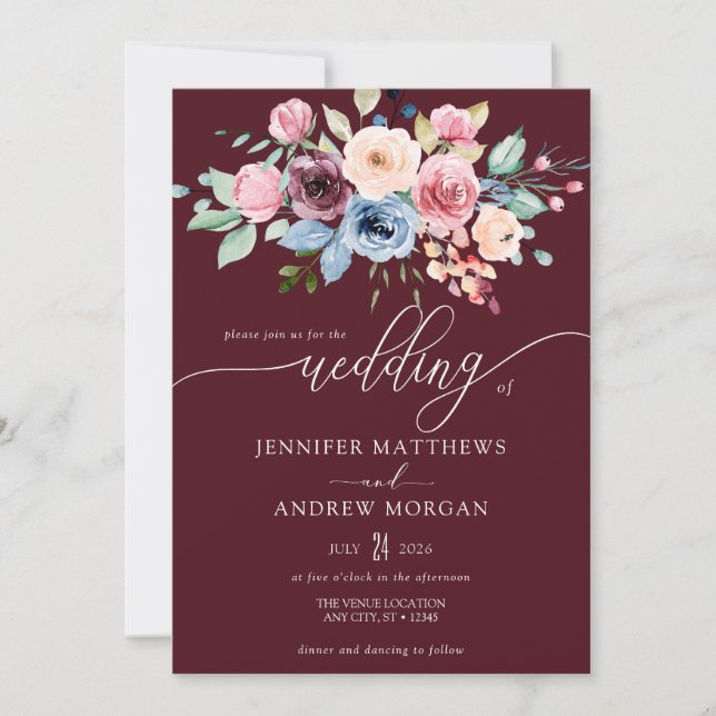 Convite Casamento Código QR Flores Azul Burgundy Elegante (Frente)
