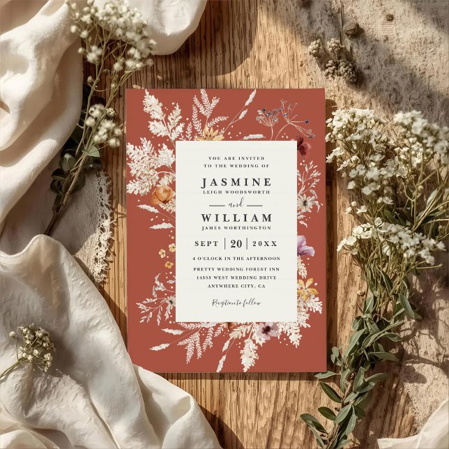 Convite Casamento Código QR Flores Secas Terracota Boho (Criador carregado)