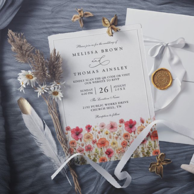 Convite Casamento Código QR Flores Silvestres Boho Rosa Pa (Criador carregado)