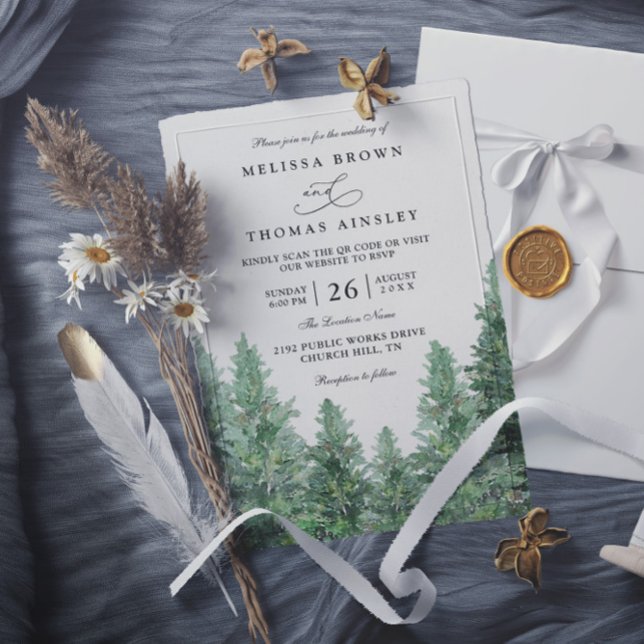 Convite Casamento Código QR Floresta de Pinheiros Rústico  (Criador carregado)