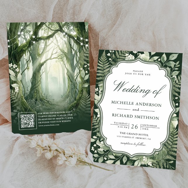 Convite Casamento Código QR Floresta Encantada Aquarela (Criador carregado)