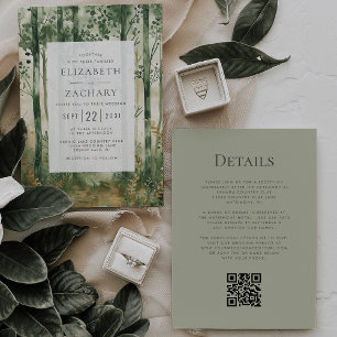 Convite Casamento Código QR Floresta Madeira Dourado Verde