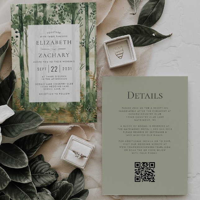 Convite Casamento Código QR Floresta Madeira Dourado Verde (Criador carregado)