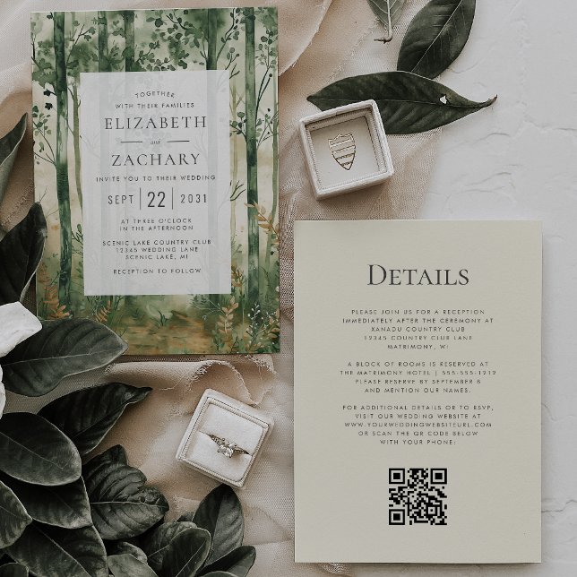 Convite Casamento Código QR Floresta Madeira Verde Rústico (Criador carregado)