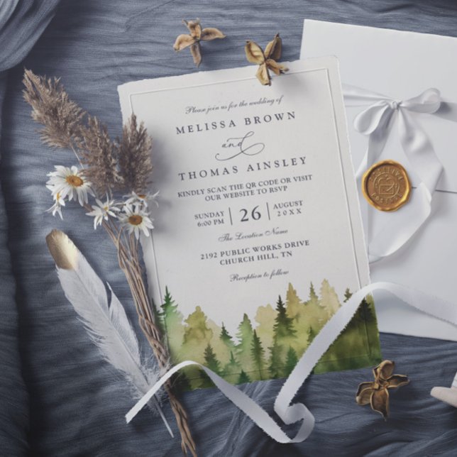 Convite Casamento Código QR Floresta Pinheiros Rústico Ele (Criador carregado)