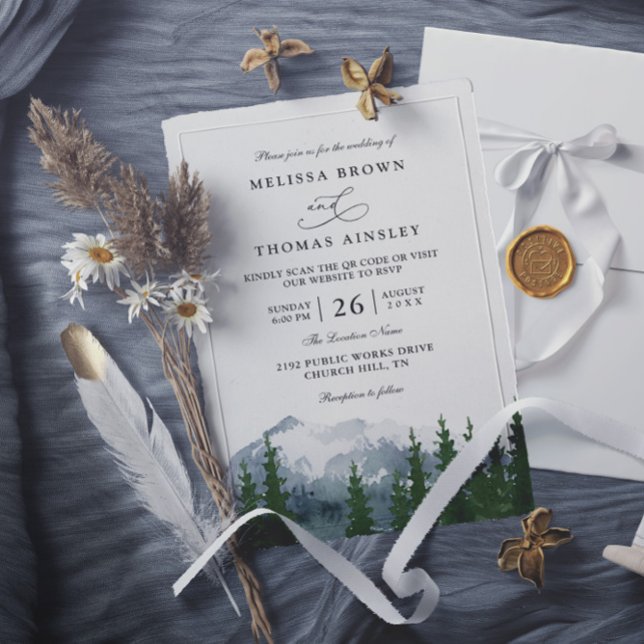 Convite Casamento Código QR Floresta Rústica Aquarela Mont (Criador carregado)