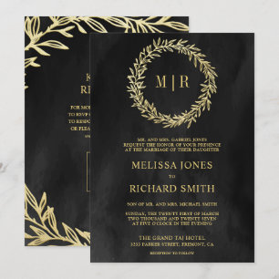 Convite Casamento Código QR Folha Dourada Galho Cinza Carv