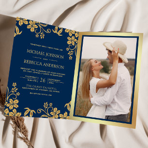 Convite Casamento Código QR Folhas Florais Azul Naval Dour
