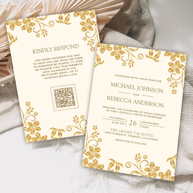 Convite Casamento Código QR Folhas Florais Creme Marfim Do (Criador carregado)