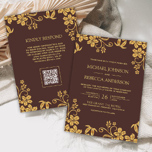 Convite Casamento Código QR Folhas Florais Marrom Dourado