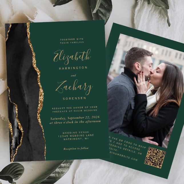 Convite Casamento Código QR Foto Ágata Verde Ouro Preto (Criador carregado)