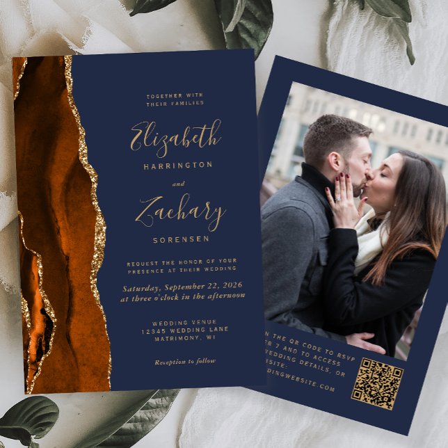 Convite Casamento Código QR Foto Azul Agata Laranja Queima (Criador carregado)