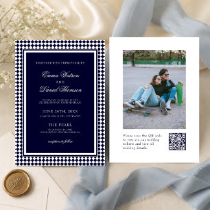 Convite Casamento Código QR Foto Borda Harlequim Azul Mari
