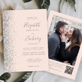 Convite Casamento Código QR Foto Brilho Rosa Bege Prata